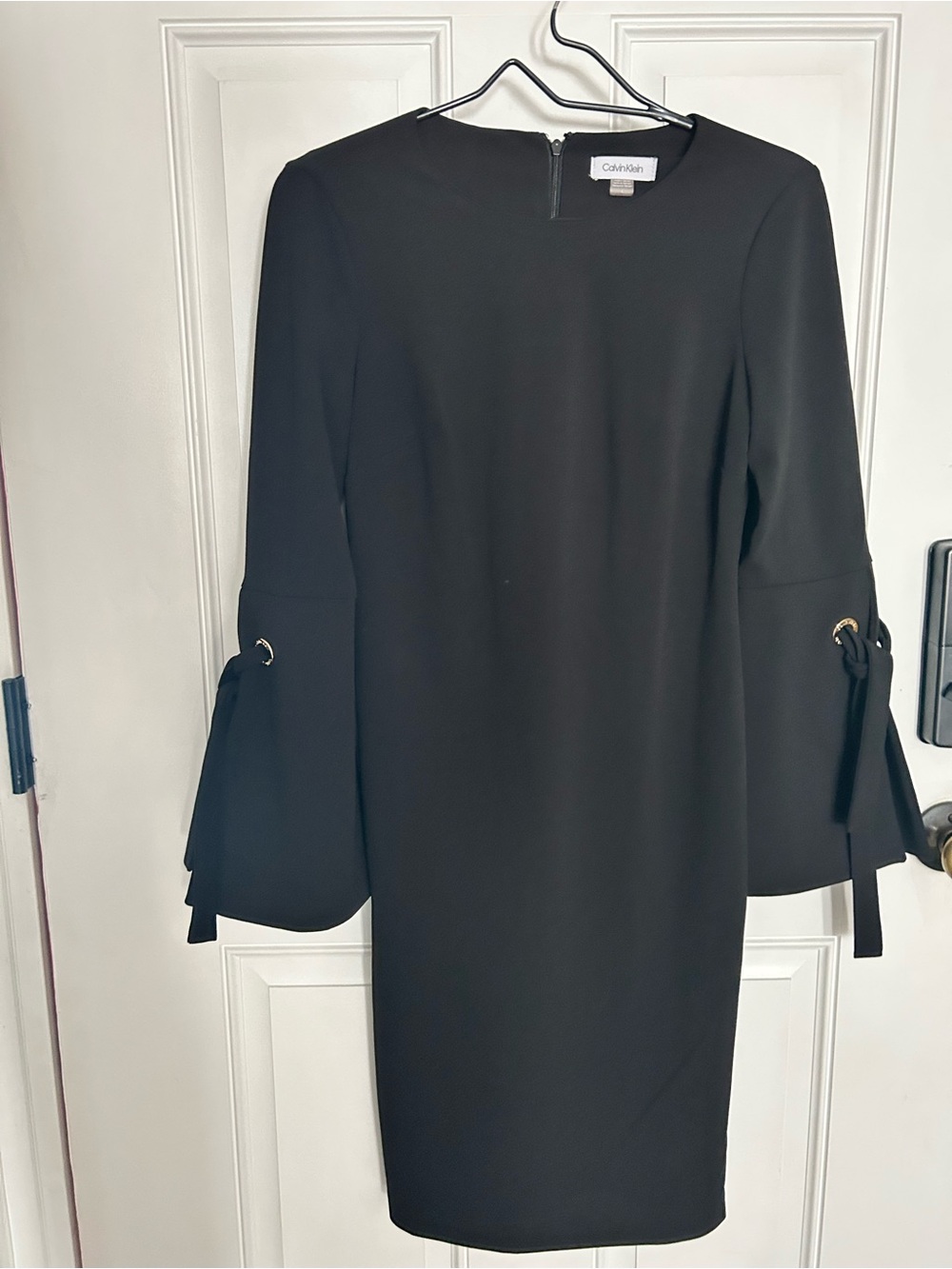 Calvin Klein Black Long-Sleeve Sheath Dress with Tie Detail